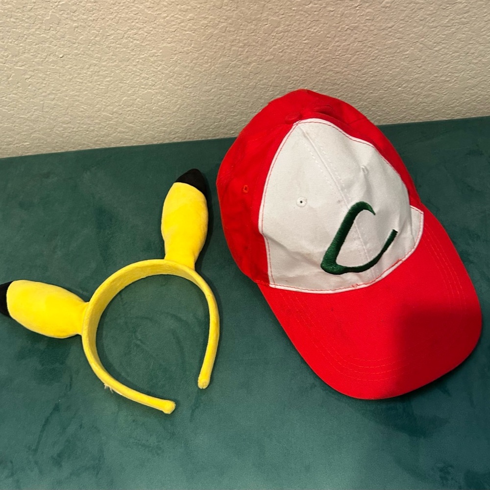 Pokémon cap & pikachu head band: Red and White Cap with Yellow Headband